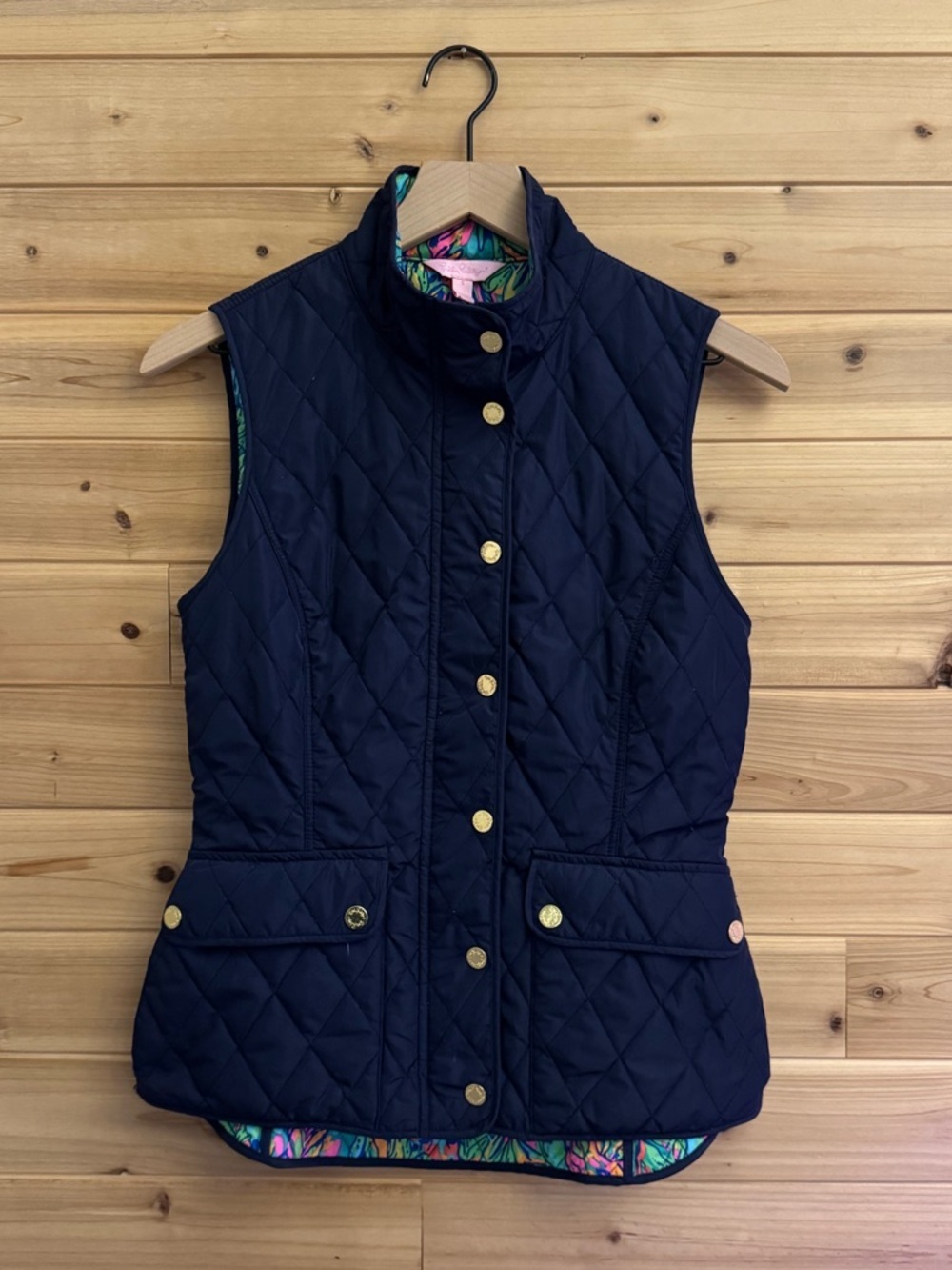 Lilly Pulitzer Small Navy Blue Getaway Quilted Vest Fall Preppy Casual Outdoors